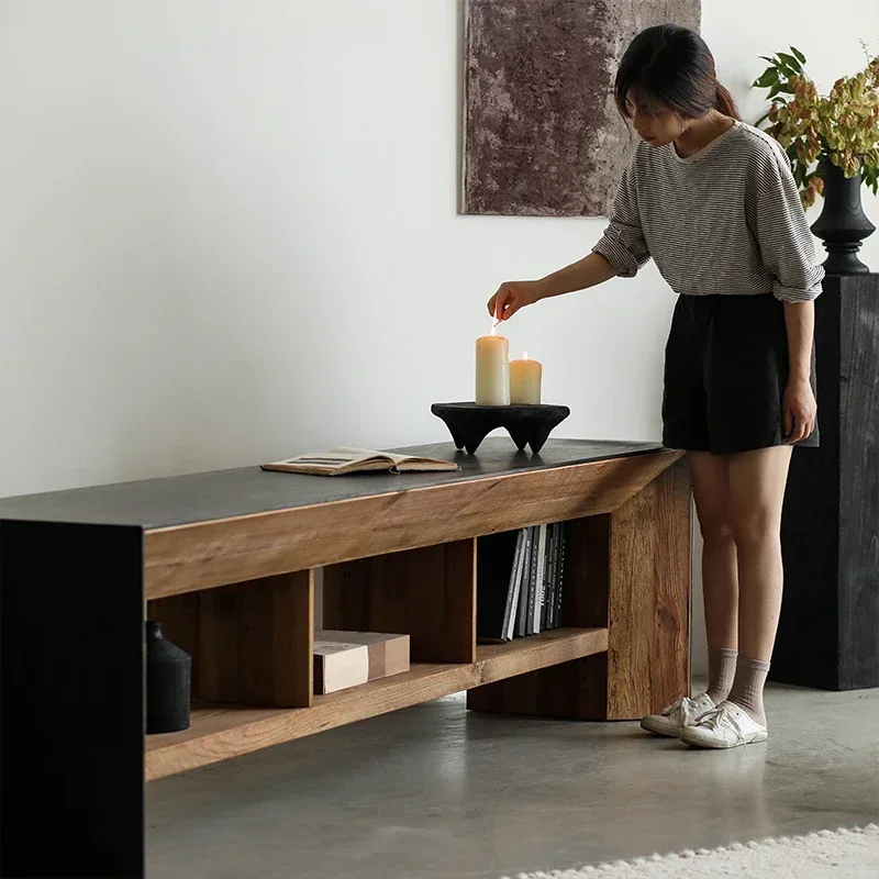 Wabi Sansan black solid wood TV cabinet 2.4 meters old pine + oak sticker living room small apartment floor-to-ceiling furniture