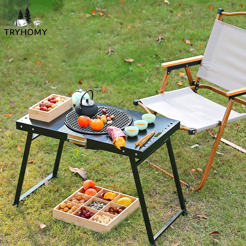 Tryhomy IGT Carbon Steel Folding Camping Table Versatile BBQ / Tea / Cooking Brazier Table for Outdoor Gathering Party Picnic