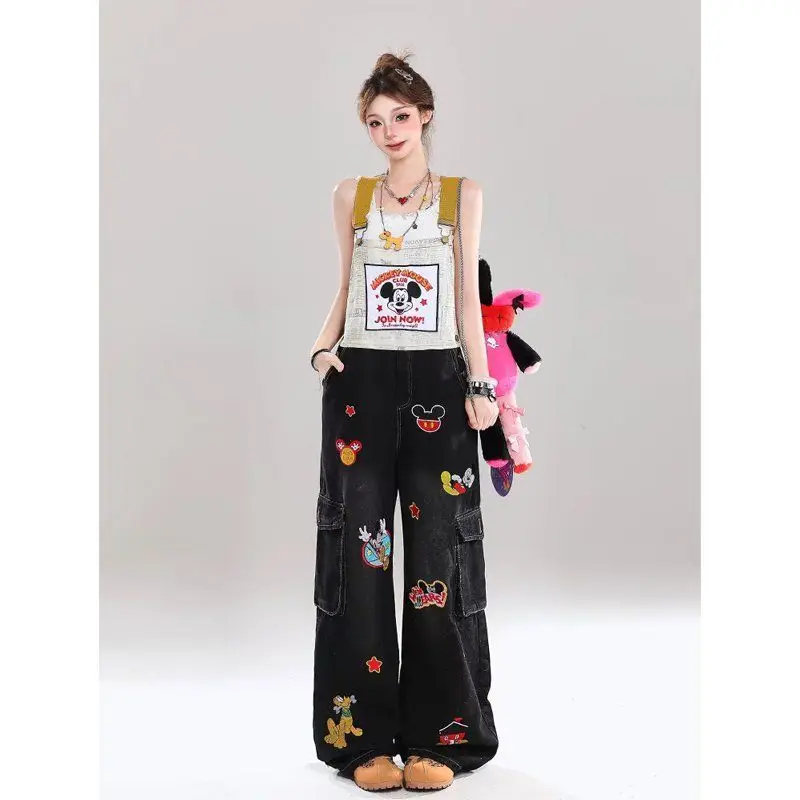 

pantskorean climate lot pants Disney Plus Size Women's Mickey Embroidered Denim Overalls, Vintage Cute Loose Jumpsuits for Curvy