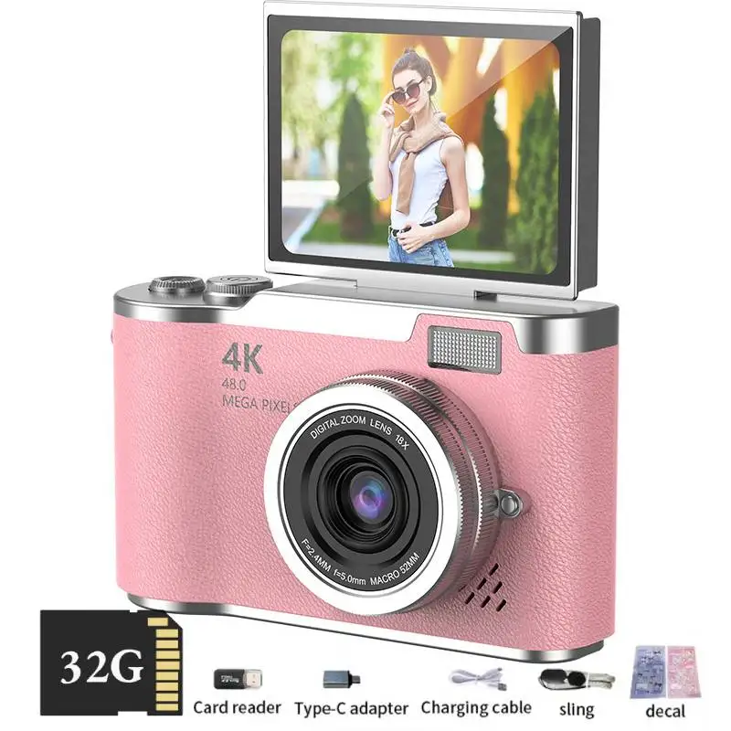 4K Digitale Camera Beautyfilters 48MP HD Studenten CCD Camera CMOS Anti-tril 180 °   Flip Screen Selfie Camera voor kinderen en volwassenen cadeau
