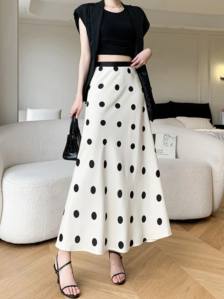 

2024 Spring Y2K Dot Printed Women Casual Elastic Waist Skirt Elastic High Waisted A-Line Female Satin Long Skirt Jupe