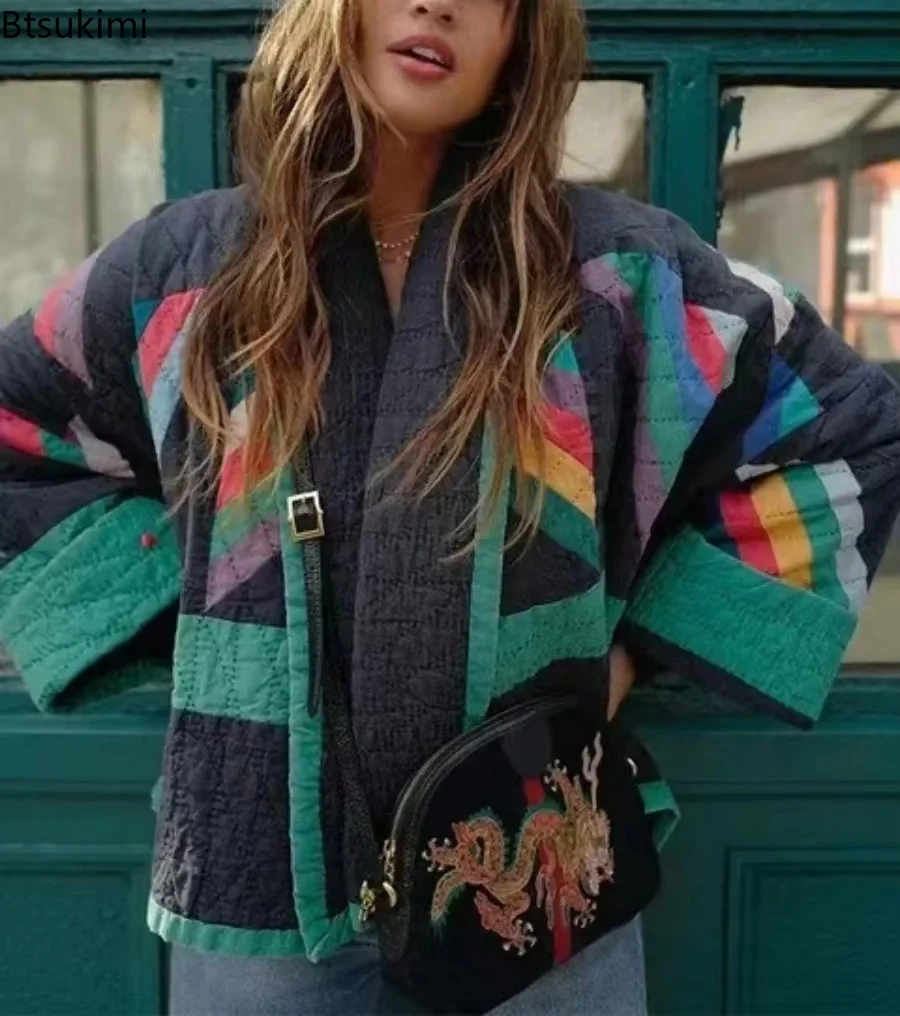 2026 Women's Vintage Printed Loose Cotton Jackets Fashion Spliced Long Sleeve V-neck Cardigan Coats Autumn Winter Elegant Parkas