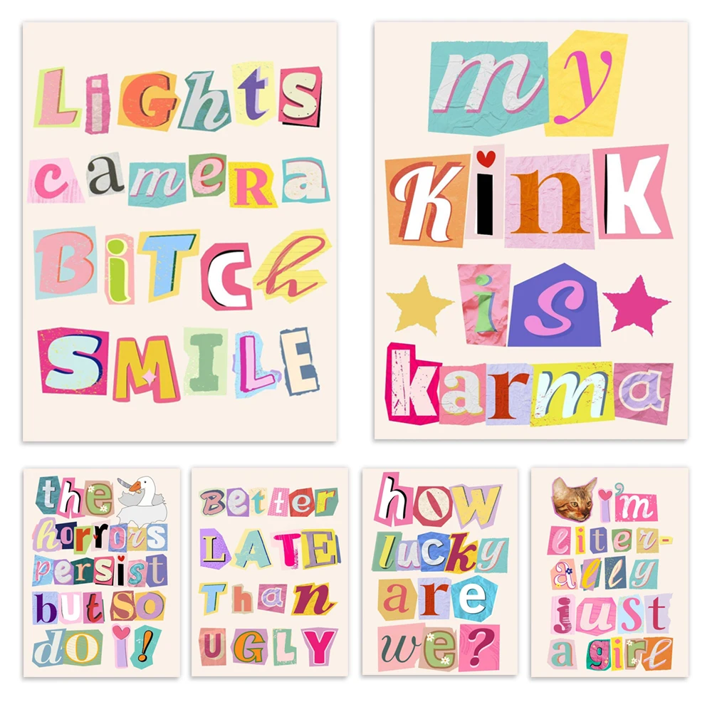 I'm really just a girl, better late than ugly typography, lucky quote, magazine letter art, bar cart art, home decor poster