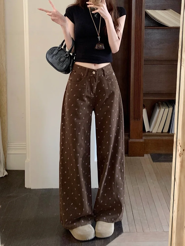 

American Floral Straight Leg Denim Jeans Women's High Waist Loose Floor-Length Pants Summer New Design Sensation Spicy Girl