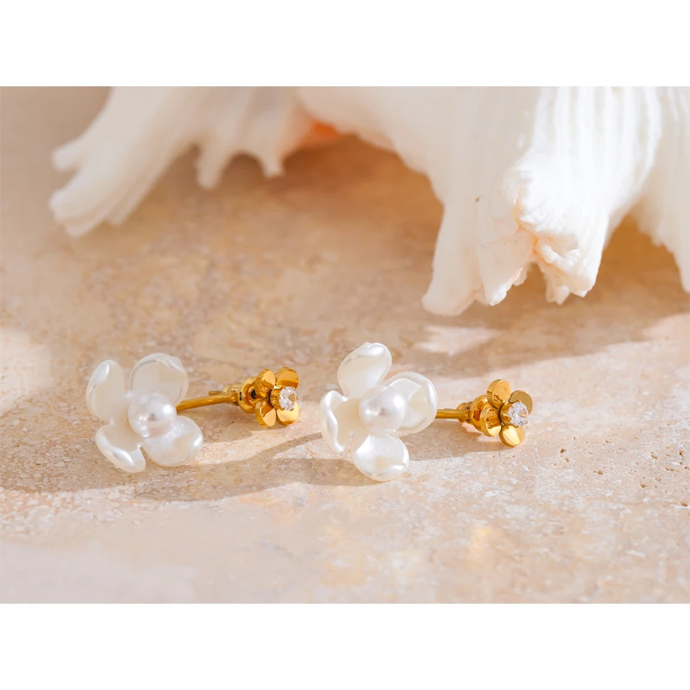 Yhpup Stainless Steel Korean Style 2024 Elegant Simulated Pearls Resin Flower Zircon Golden Stud Earrings Daily Fairy Jewelry