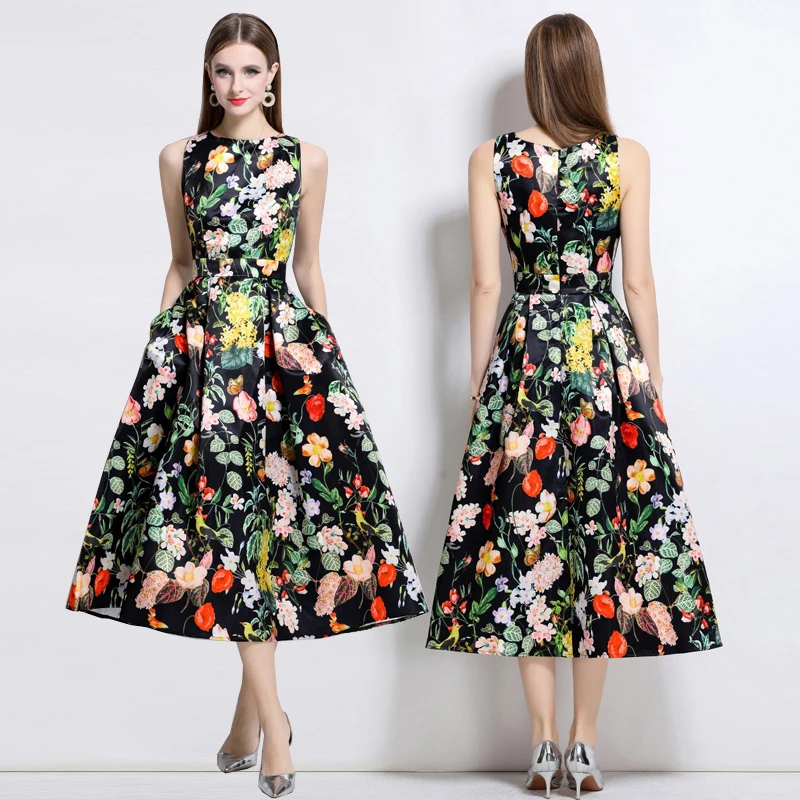 ชุดเดรสยาวพิมพ์ลายดอกไม้สุดหรูสไตล์เซเลบริตี้ ดีไซน์เข้ารูปทรงเอ กระโปรงทรงเอ เอวสูง สำหรับแฟชั่น
