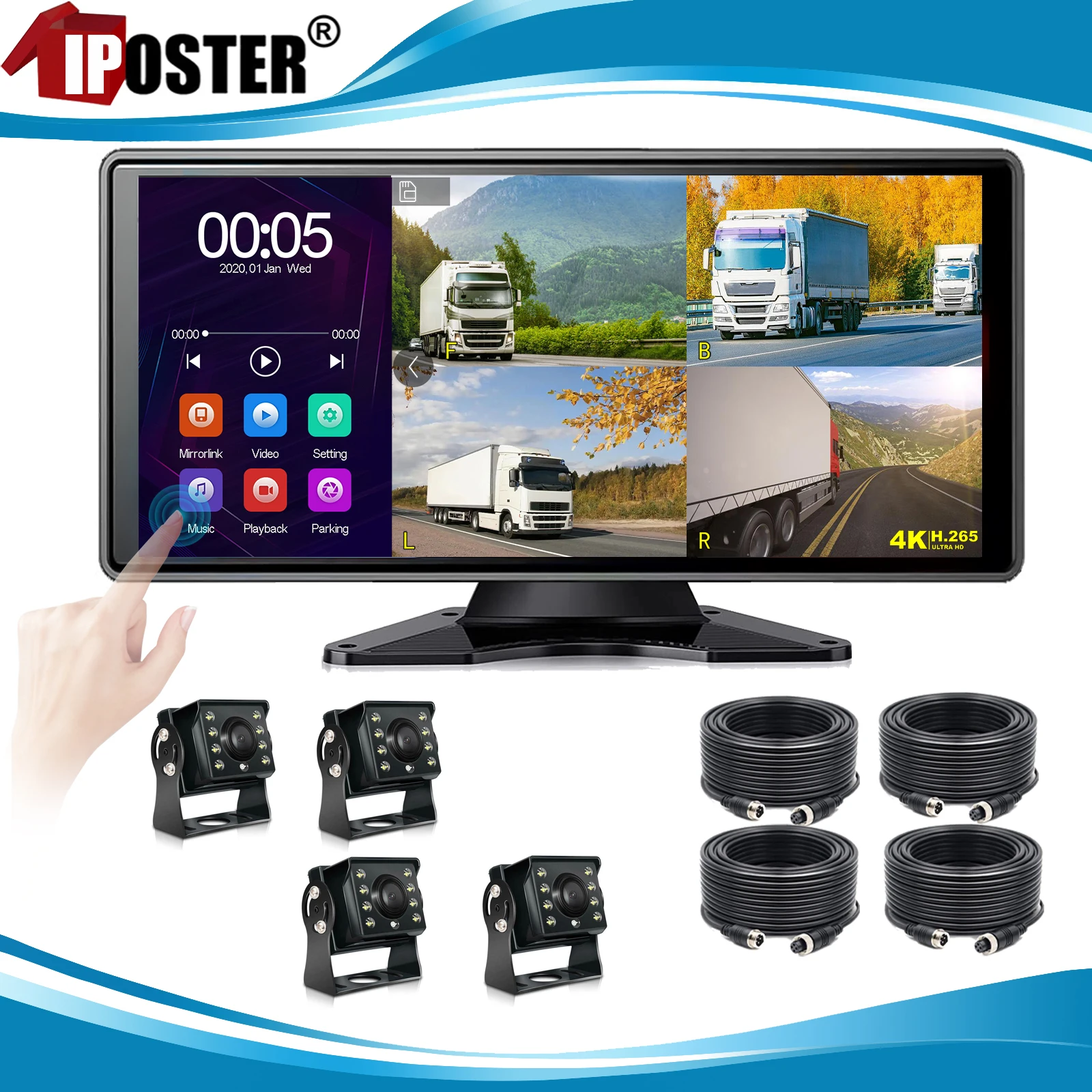 

iPoster 10.36 Inch Touch Screen DVR Monitor Loop Recording 4ch 4PIN AHD 1080P Side Rear View Backup Camera For Caravan Rv Camper