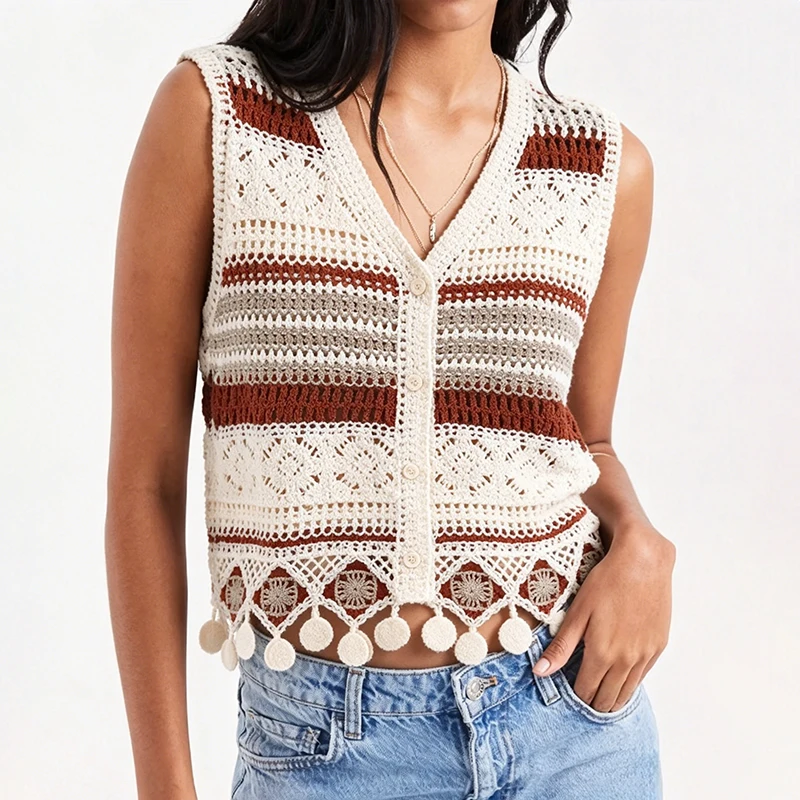 Striped Button Down Crochet Vest with Fringed Hem Hollow-out Open Knit Waistcoat Sleeveles Blouse Summer Beach Resort Wear Boho