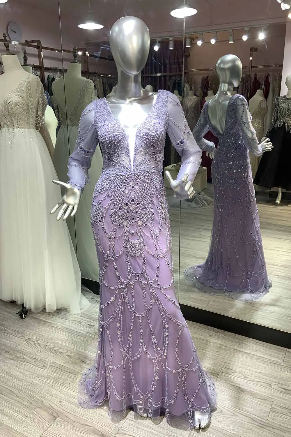 YQLNNE Light Purple Long Sleeves Mermaid Evening Dresses V Neck Embroidered Baeding Formal Party Gown