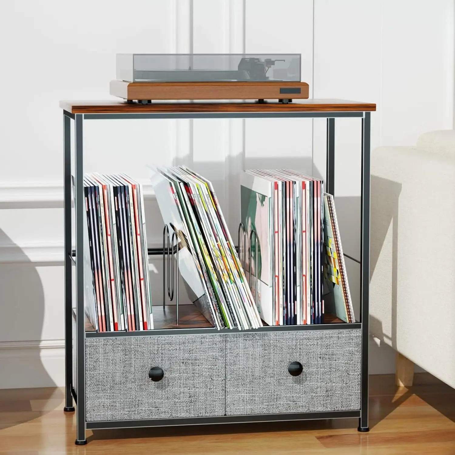 

2-Tier Record Player Stand with Vinyl Storage and Fabric Drawer, Holds 110 Records, Turntable Table 23.62"D x 11.81"W x 25.59"H