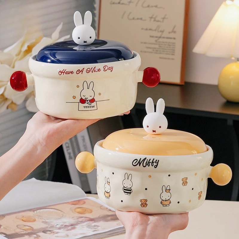 미피 귀여운 만화 세라믹 국수 그릇 뚜껑 포함 대용량 전자레인지 사용 가능 도시락 내구성 보온 사무실 및 가정용