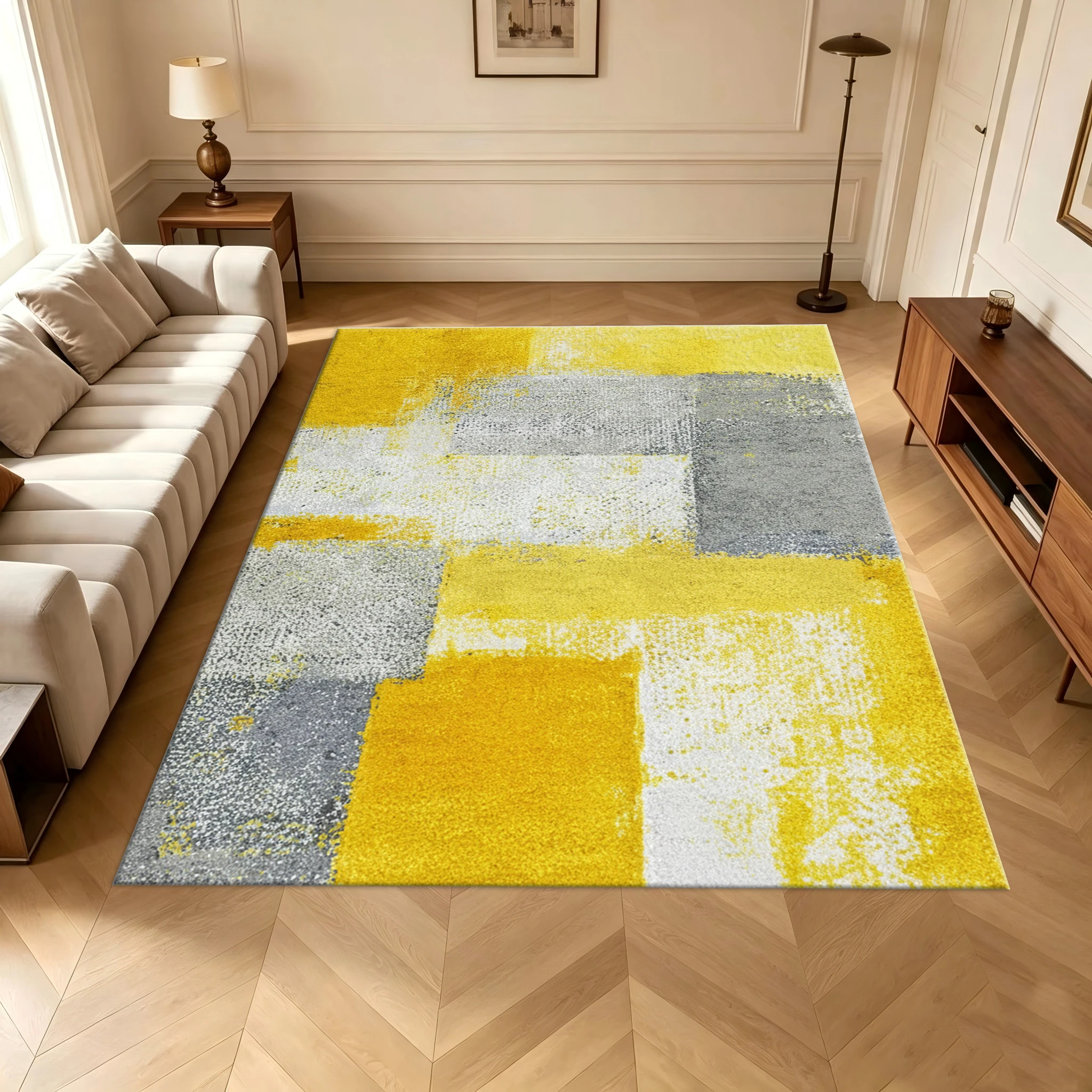 Yellow Gray Block Abstract Carpet Flooring Modern Color Block Home Decor Area Rug