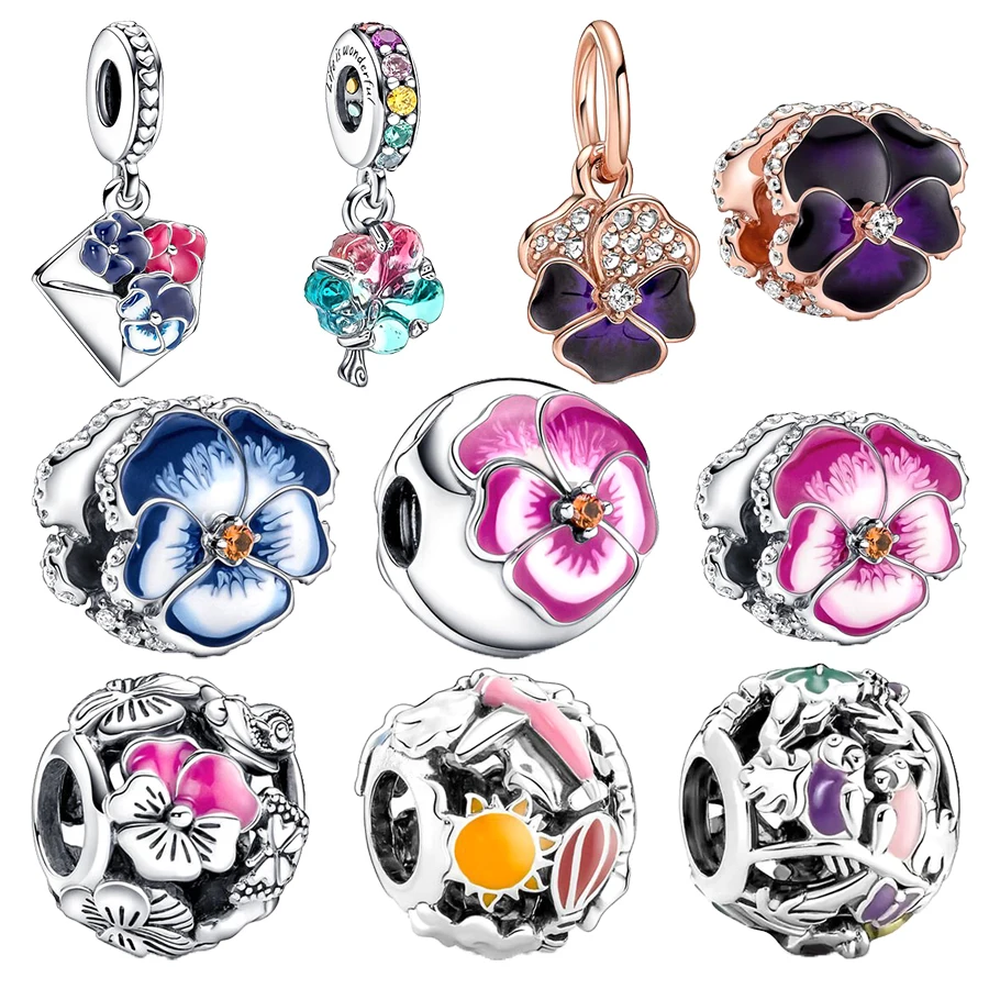 Hot Sale Deep Purple Blue Pansy Flower Dangle Charm Bead DIY Jewelry for Women Fit Original 925 Sterling Silver Bracelet