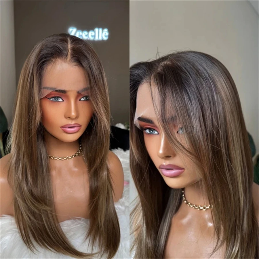 

Medium Brown with Blonde Wig Lace Synthetic Hair Natural Straight Lace Frontal Wigs 13x4 HD Transparent Daily Wear Cosplay Wig