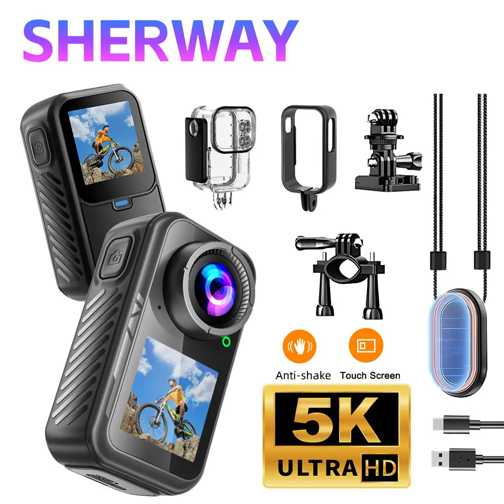 5K Thumb Action Camera 4K 60FPS WiFi 6-Axis Stabilization Touch Screen Sports Camera Magnetic Motorcycle Bike Waterproof Bodycam