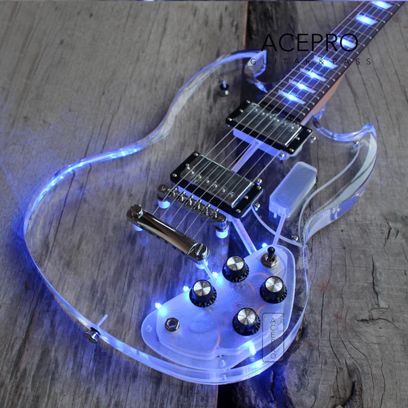 Acepro Blue LEDs Light Electric Guitar, Acrylic Body Crystal Guitarra, Transparent Pickguard, Chrome Hardware, High Quality