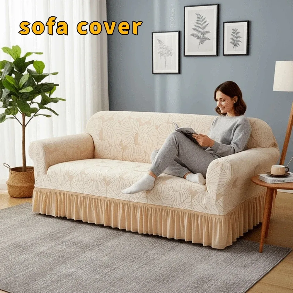 2/3 Seat Stretch Couch Cover Elastic Leaf Print Furniture Protector All-inclusive With Skirt Corner Sofa Slipcover Home