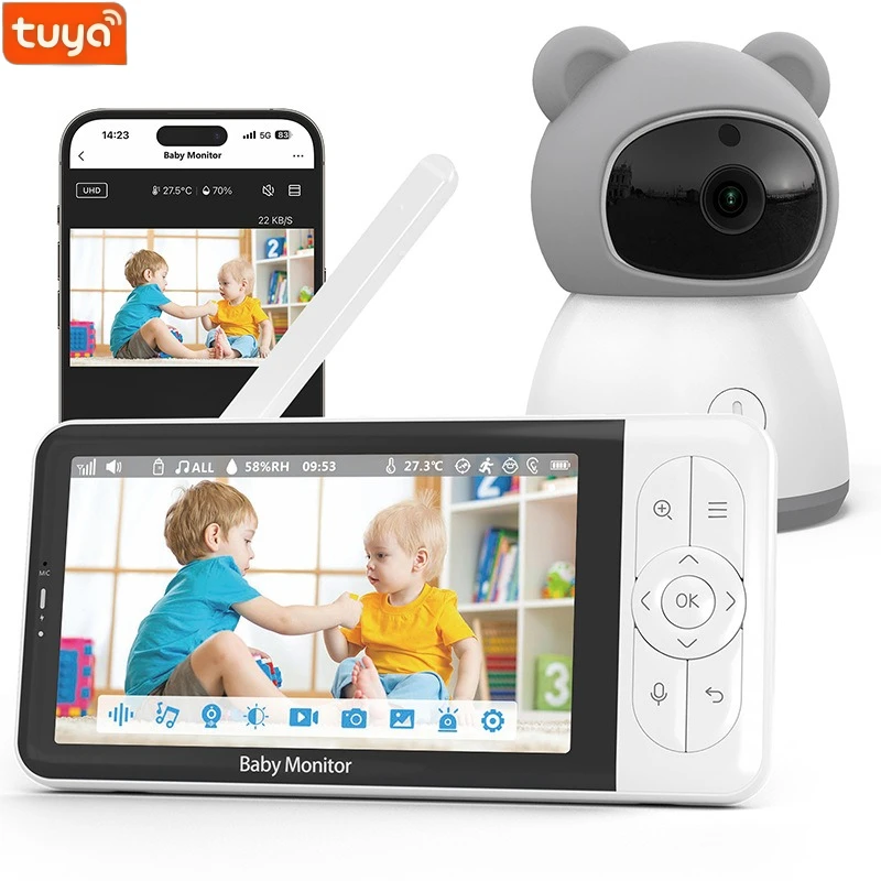 Tuya 5inch Baby Monitor 4x Zoom PTZ Cam APP+monitor Dual Control WIFI Electronic Babyphone 2-way Audio Night Vision Child Camera