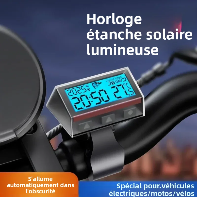 Horloge numérique solaire pour moto, avec Date, semaine, température, affichage LCD rétroéclairé, thermomètre étanche avec support de moto