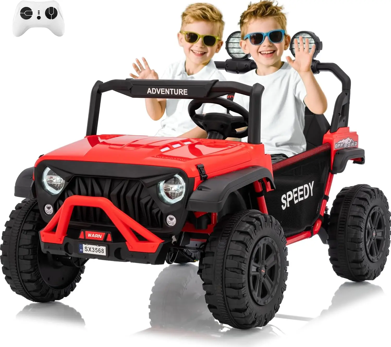 2 Seater Ride on Car for Kids, 24V 4WD Kids Electric Vehicles Ride on Toys with RC/Spring Suspension/LED Lights/Music, 3 Speeds