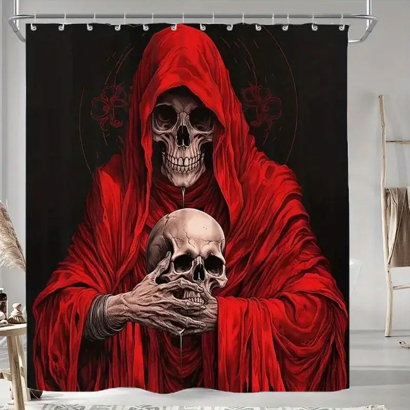 VIKAMA Dark Gothic Shower Curtain Hooded Red Robe Skeleton Pattern Waterproof Bathroom Curtain Spooky Holiday Home Decoration