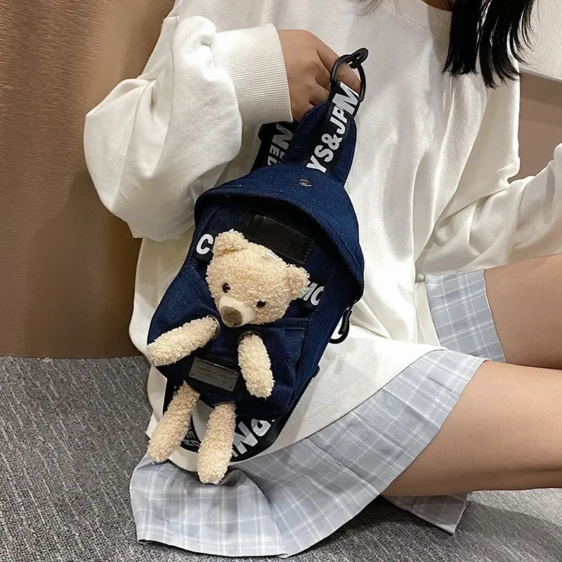 Ins Korean Denim Canvas Crossbody Chest Bag Kawai Bear Lamb Casual Waist Belt Bag Adjustable Cool Crossbody Chest Bags Hip Purse