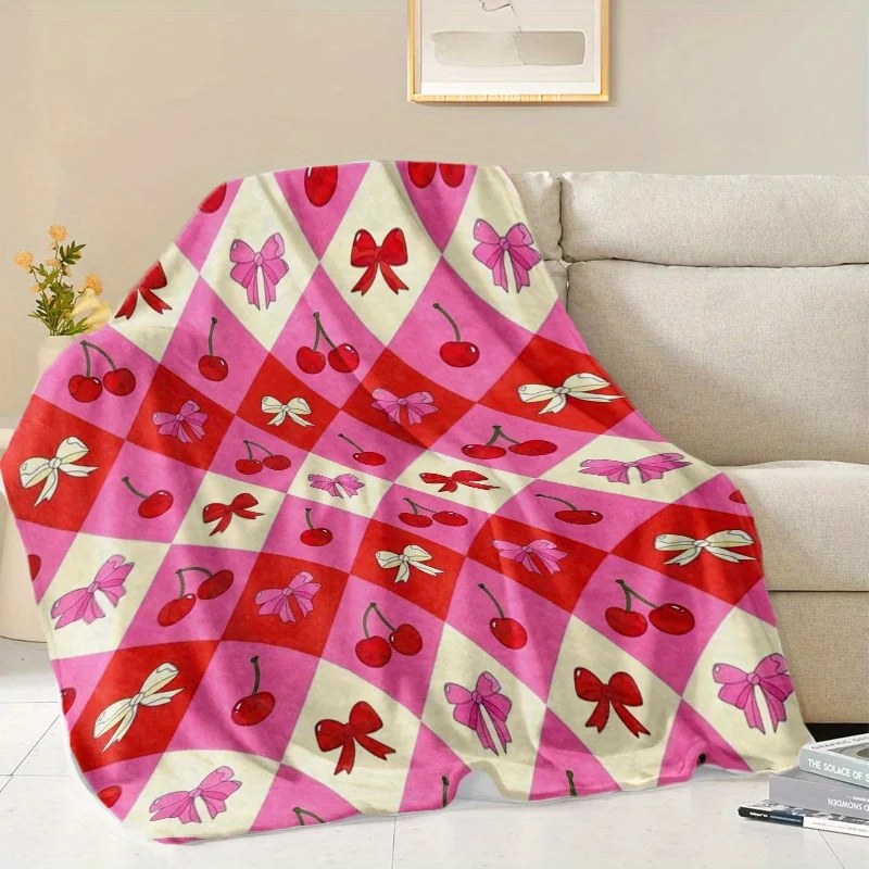 Sweet Cherry Flannel Throw Blanket Soft Pink Red Bow Design All Season Cozy Comfort for Home Decor Gift