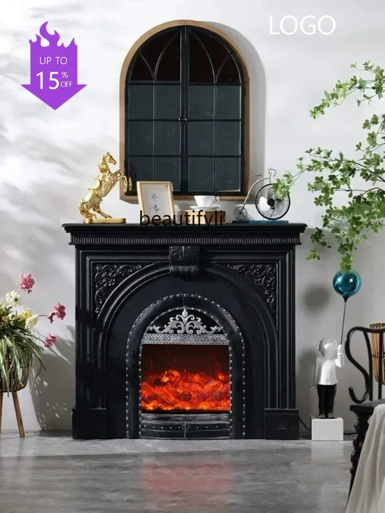 PPP carved fireplace simulation fire solid wood arched door TV background wall living room decorative cabinet furniture