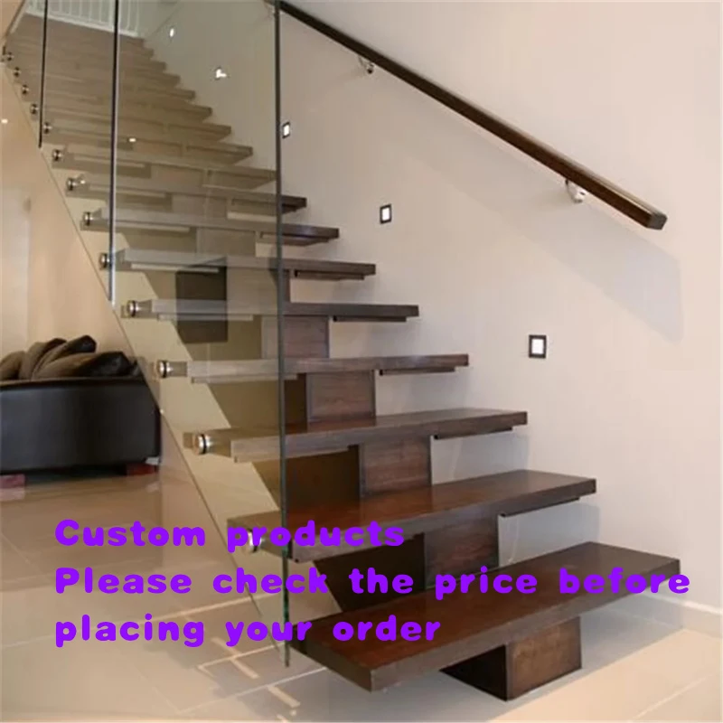 custom.CBMmart Modern Simple Design Straight Wood Step Treads Carbon Steel Stringer Glass Railing Indoor Stair Living Ro