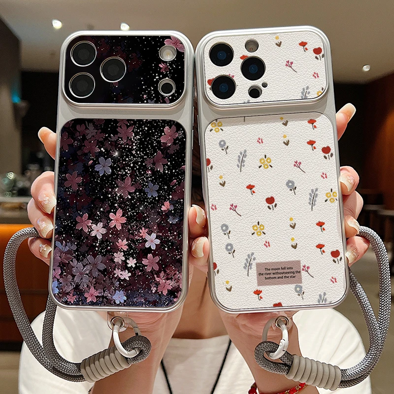 Matte Leather Texture Phone Case For iPhone 17 Pro 16 15 14 13 Pro Max Cherry Blossom Print Wrist Strap Lanyard Soft TPU Cover view 2