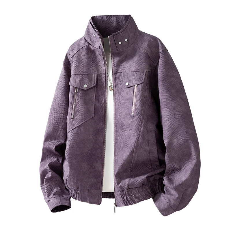 

Men's Stand-Collar Snake Skin Faux Leather Jacket - Zip Closure & Metal Buttons, Versatile for Streetwear & Casual Dates