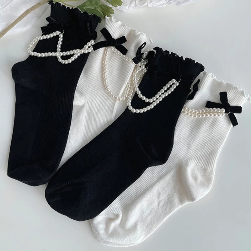 Women  Short Ankle Socks Gothic  Vintage Velvet Bowknot Imitation Pearl Chain Ruffled Trim Rib Crew Hosiery