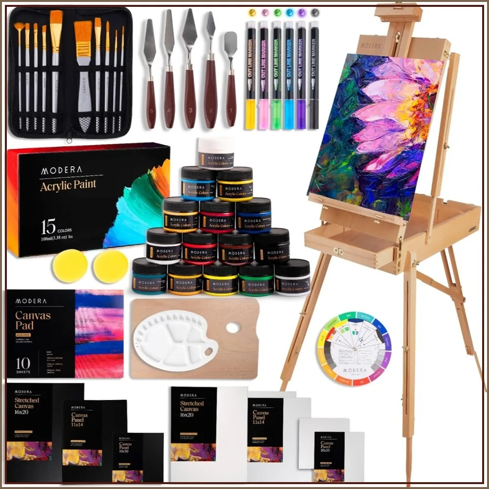 Deluxe 53-Piece Acrylic Painting Set with Wooden French Easel, Canvases, Paints & Brushes