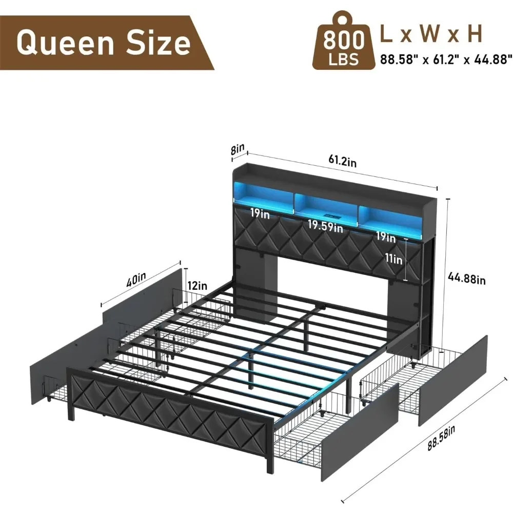 Queen Bed Frame W/Storage Headboard & Drawers, Platform Bed W/Charging Station & LED Light, No Box Spring Needed，Bed Frame