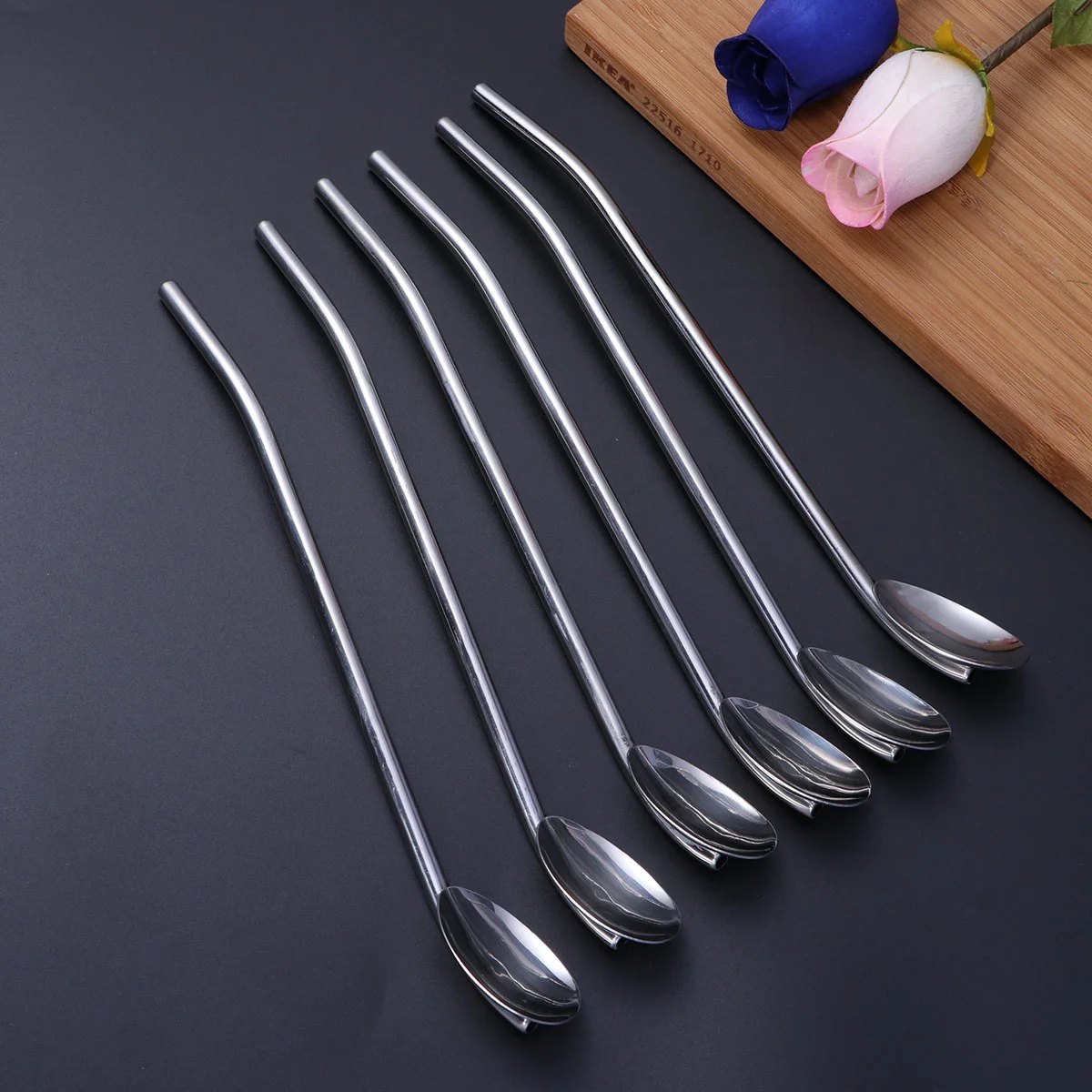 

6 Pcs/Pack Stainless Steel Oval Shape Metal Drinking Spoon Straw Reusable Straws Cocktail Spoons Set(Primary Color)