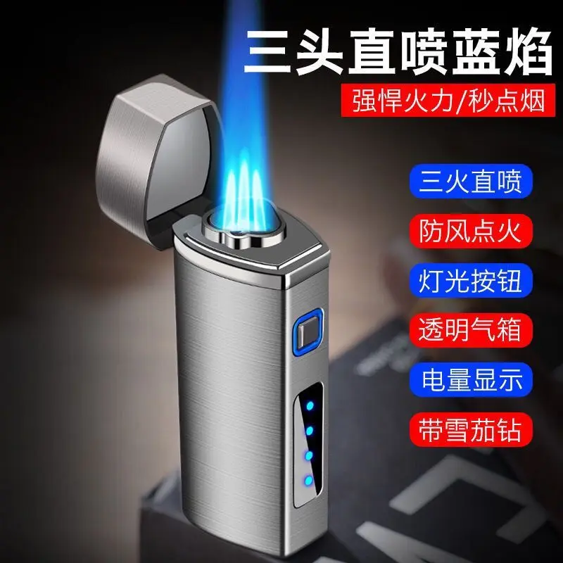 

three-head blue flame straight punch creative personalized electronic rechargeable lighter tide engraving custom lettering