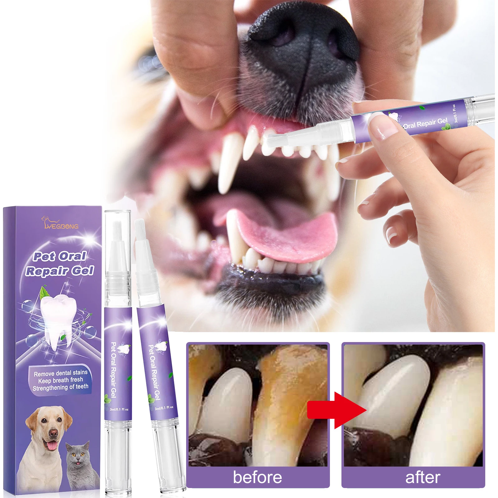 YEGBONG Pet Oral Repair Gel For Bad Breath 3ml Pets Breath Freshener Gel Care Cleaner Remove Teeth Tartar Repair Gum Damage