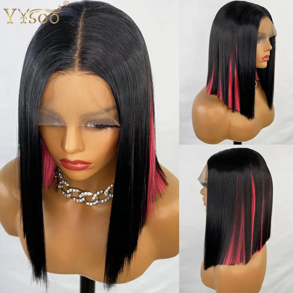 YYsoo Short Cut Bod Futura Synthetic Hair T Part Wigs for Women Pink Highlights Black Glueless Wig Natural Hairline