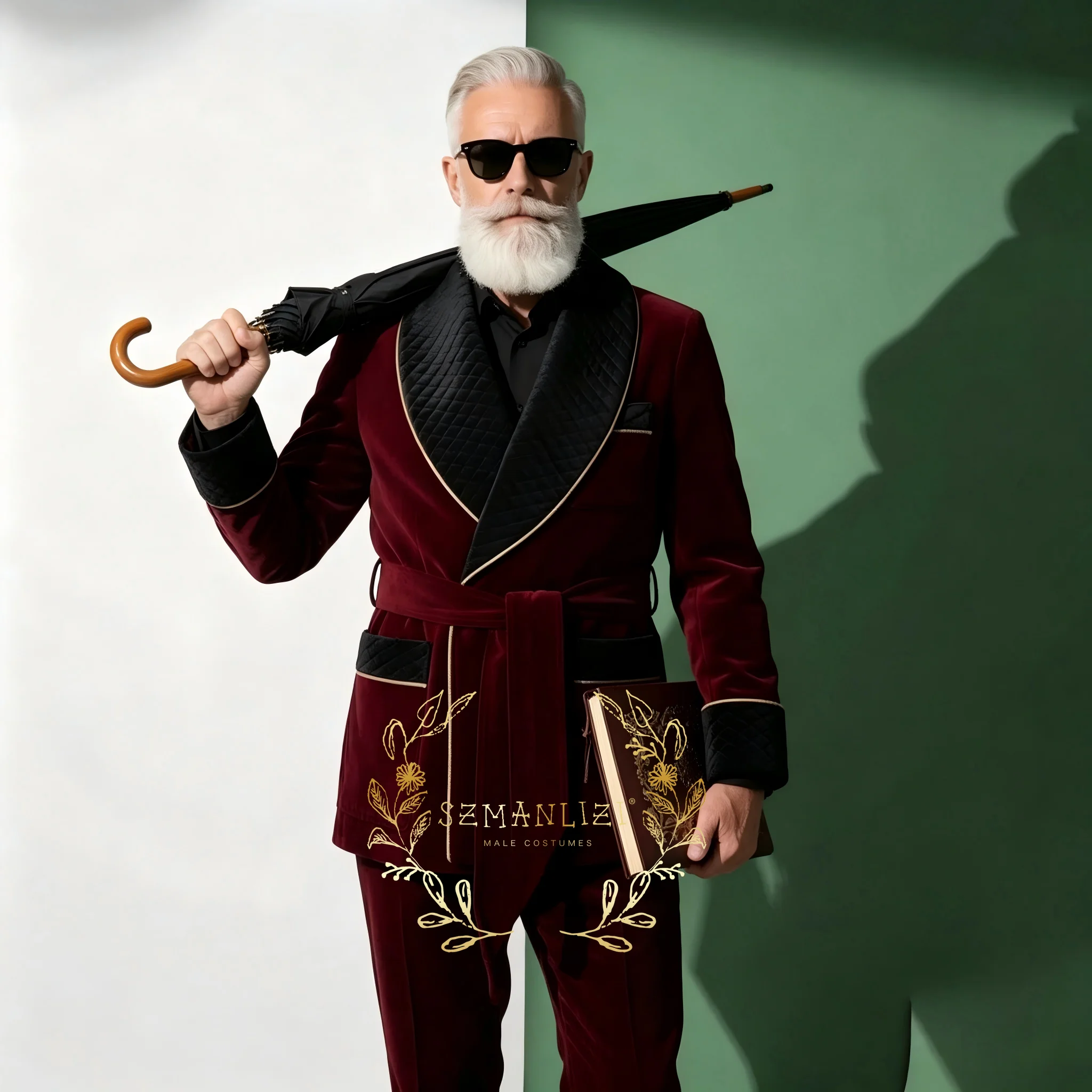 

Classical Burgundy Velvet Men Suits Smoking Jacket Pants Belt Shawl Lapel Double Breasted Dinner Party Men 2 Pieces Customized