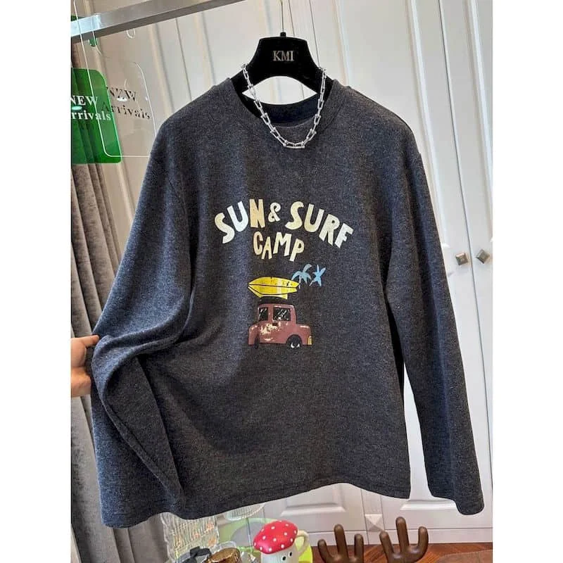 O-neck T-shirts for Women Cute Printed Long Sleeve Sanded Fabric Retro Tees Harajuku Korean Style Autumnal Casual Kawaii Clothes