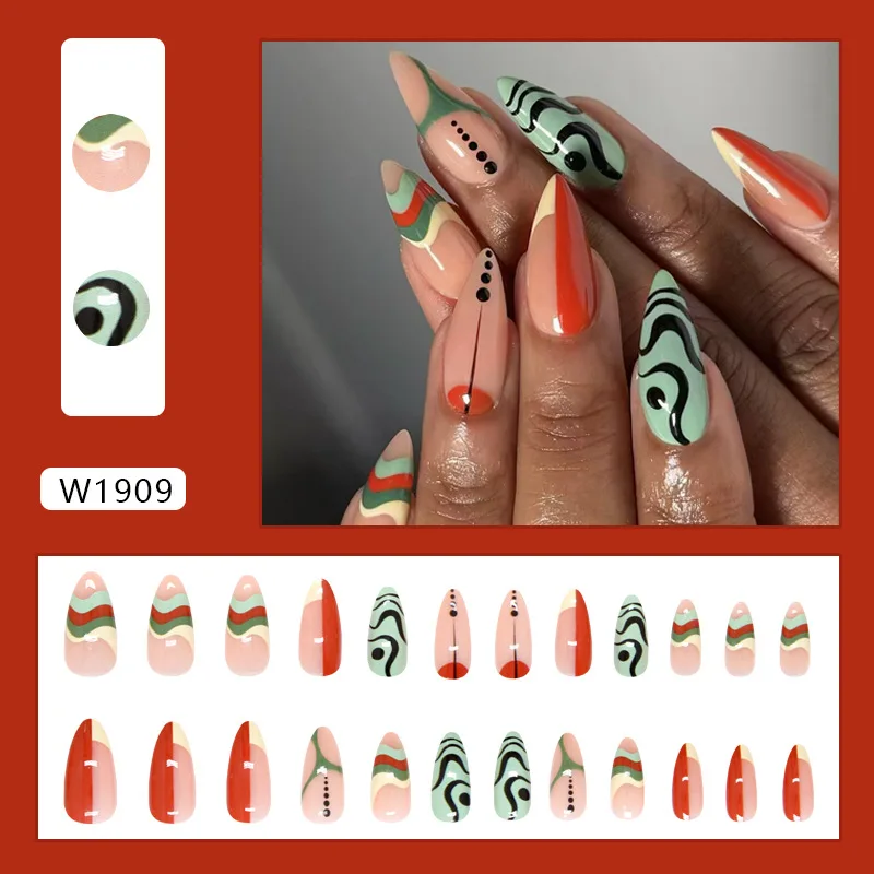 

24pcs Dopamine Nails - Swirl Color Blocking Design Long Almond Shape Press-On (Multi Sizes) Y2K Aesthetic Nails