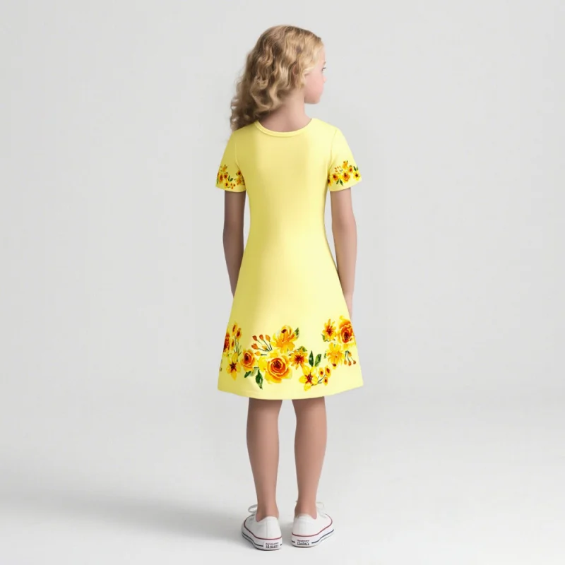 Yellow Dress 2025 Short-sleeved Dress with Floral Pattern Prints