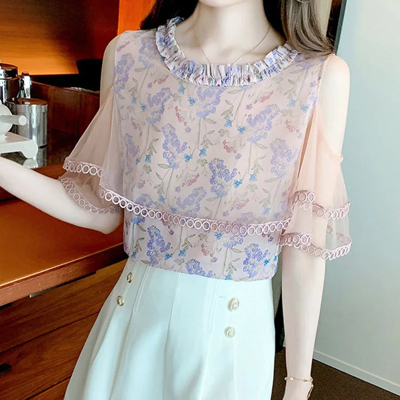 Korte Mouwen Bloemen Chiffon Shirt Tops Zomer Nieuw Net Garen Off Shoulder Print Mode Blouse Temperament Elegante Dameskleding