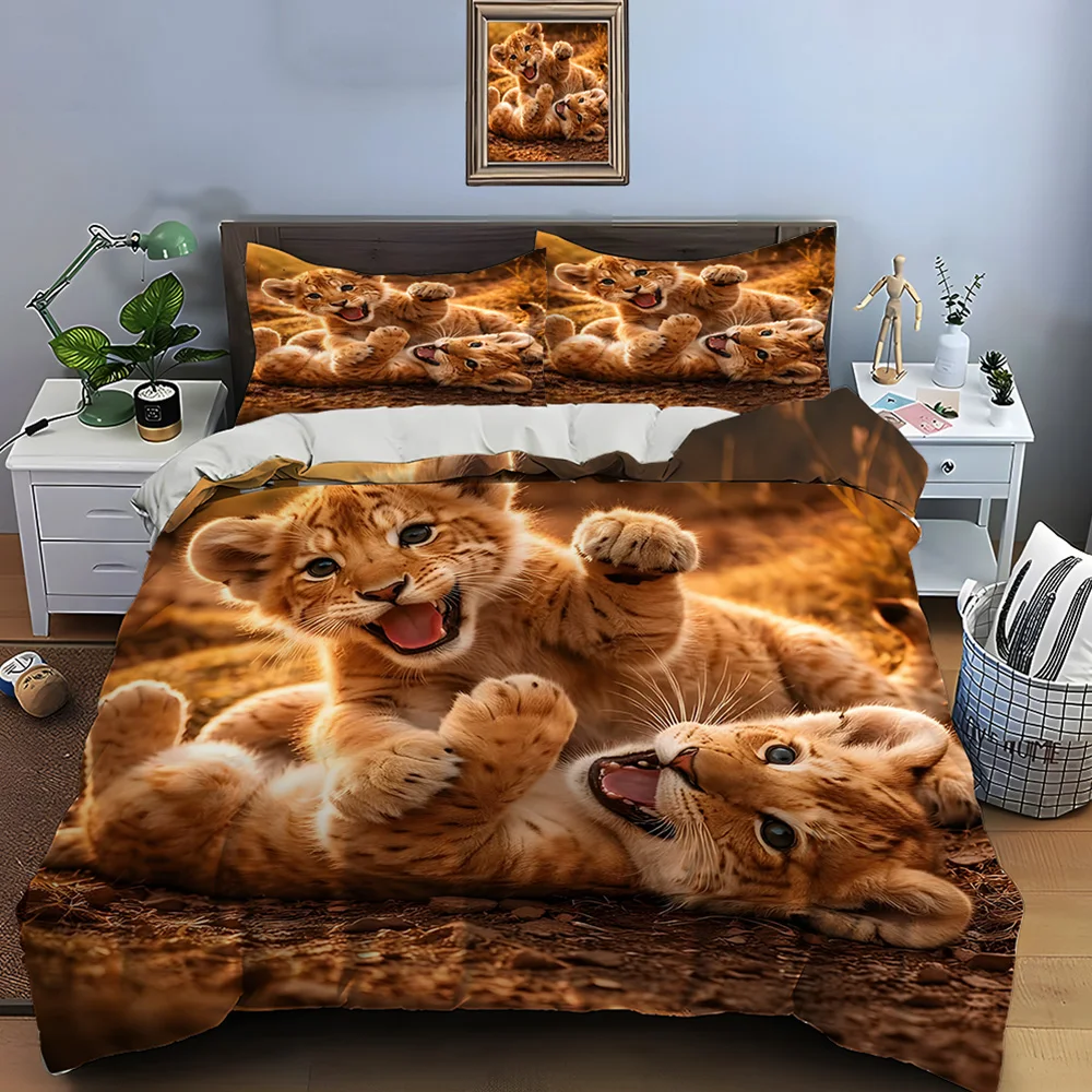 Cute Playful lion cubs Bedding Set for Kids Luxury Gift 3pcs Digital Print Comforter Set Soft Comfortable Breathable for gifts