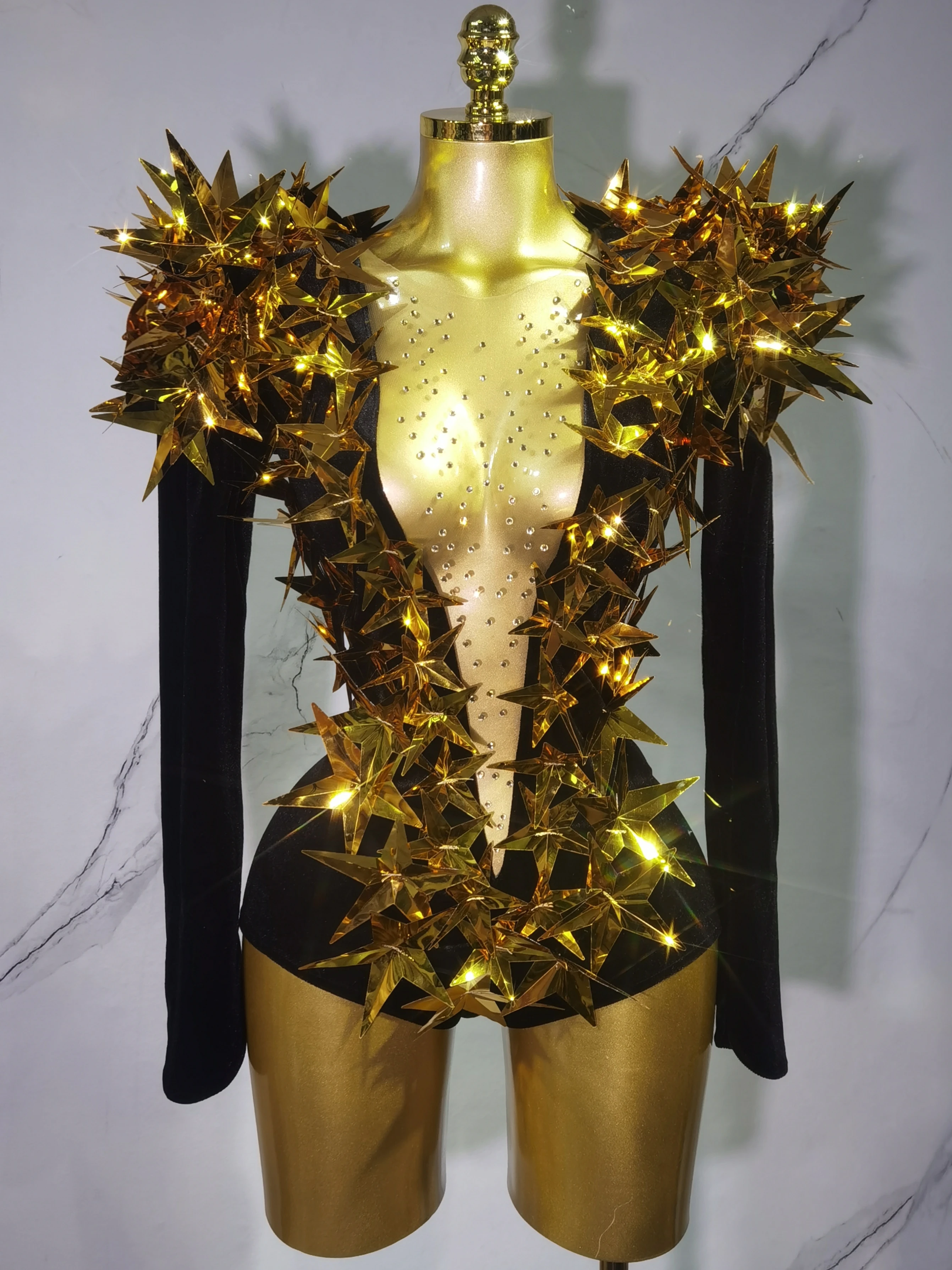 

Women Shiny Gold Rhinestone Black Long Sleeve Bodysuit Evening Party Club Hosts Night Bar Stage Costumes