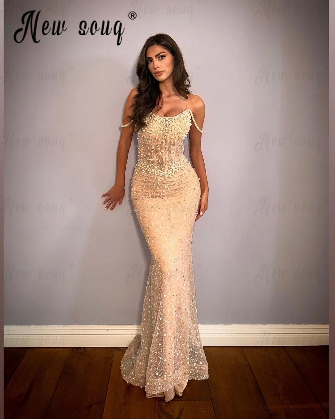 Vestido de fiesta de perlas completas champán, Vestidos de Noche de boda de sirena, Dubai, tirantes finos, lentejuelas, vestidos de graduación, vestidos de fiesta de cumpleaños