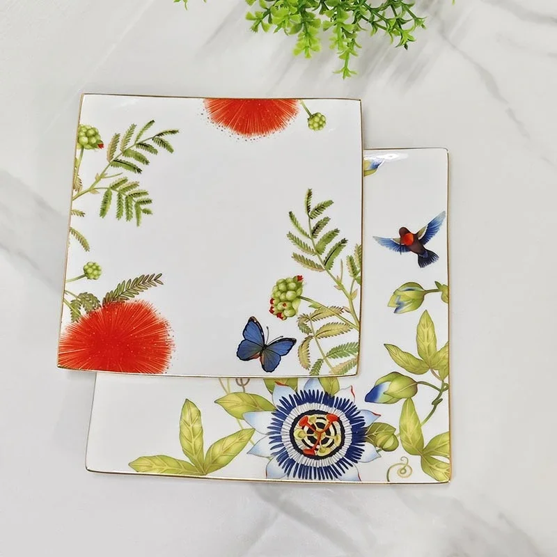 Rainforest Bone China Square Pastry Plate Light Luxury Gold Edge Ceramic Dinner Plate For Home Use