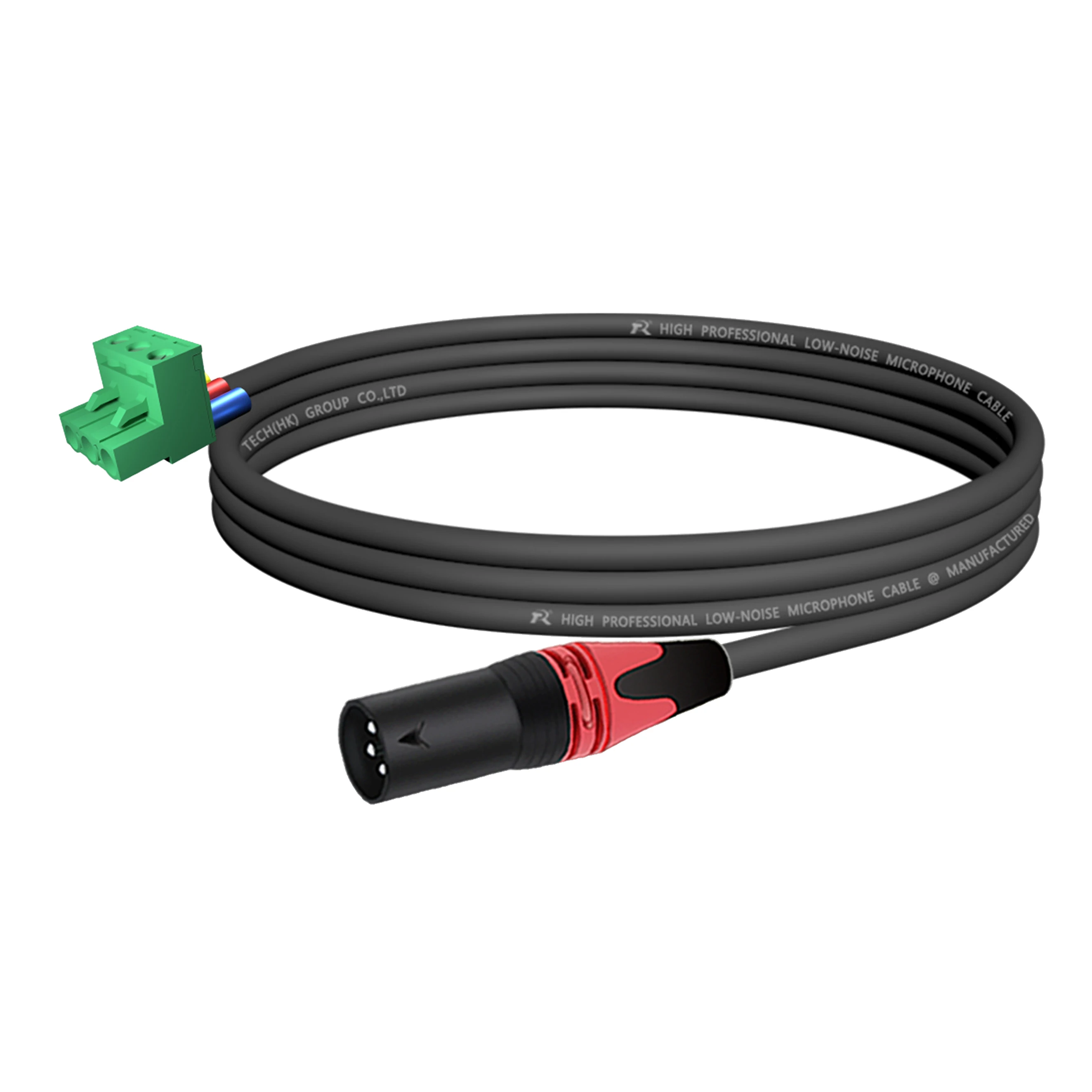 XLR mit schwarzem Rückgehäuse, mehrfarbiger rutschfester Abdeckung, verbunden mit 5,08 mm 3-poligem Phoenix-Steckeranschluss, für Audiogeräte. – Detail 6