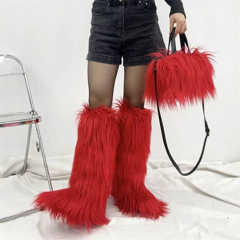 Winter women faux fur knee-high boots and bag set furry warm snow boots cute heart-shaped fur handbag girls platform plush boots