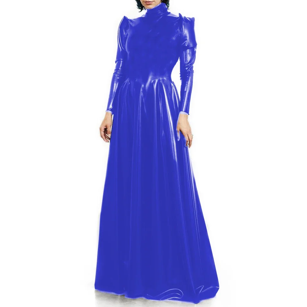 Shiny PVC Leather Long Dress, Monochromatic, Faux Latex Ball Gown, Long Sleeve, Fit and Flare Floor Length, Party Dress Outfits